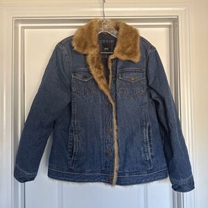 Women's Denim Jacket Faux Fur Collar Lined LARGE